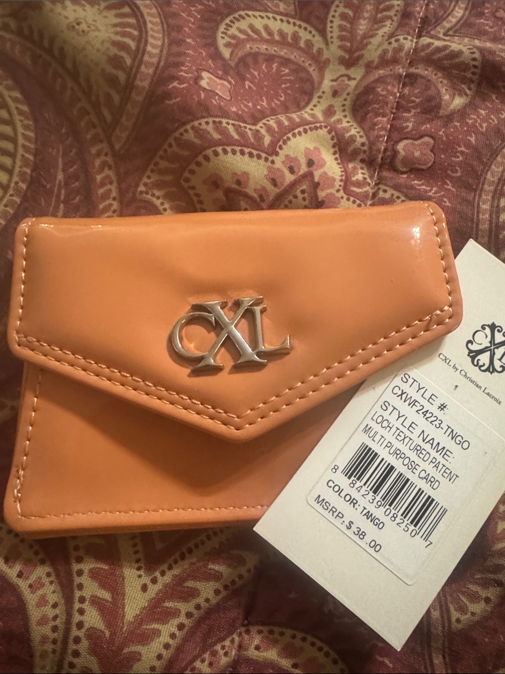 Christian Lacroix Tango Orange Patent Card Holder with CXL Logo